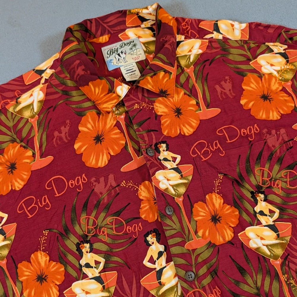 Big Dogs Button Up Shirt Mens Large Red Pin Up Girl Martini Glass Hawaiian